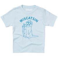 Youth sized ice blue t-shirt with bright blue ink. Curved text near the top says, "Wiscatsin" above an illustration of RAYGUN's cat mascot, Gary, wearing a cheese hat and holding a fist.