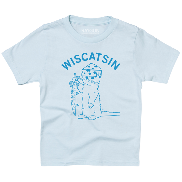 Youth sized ice blue t-shirt with bright blue ink. Curved text near the top says, 