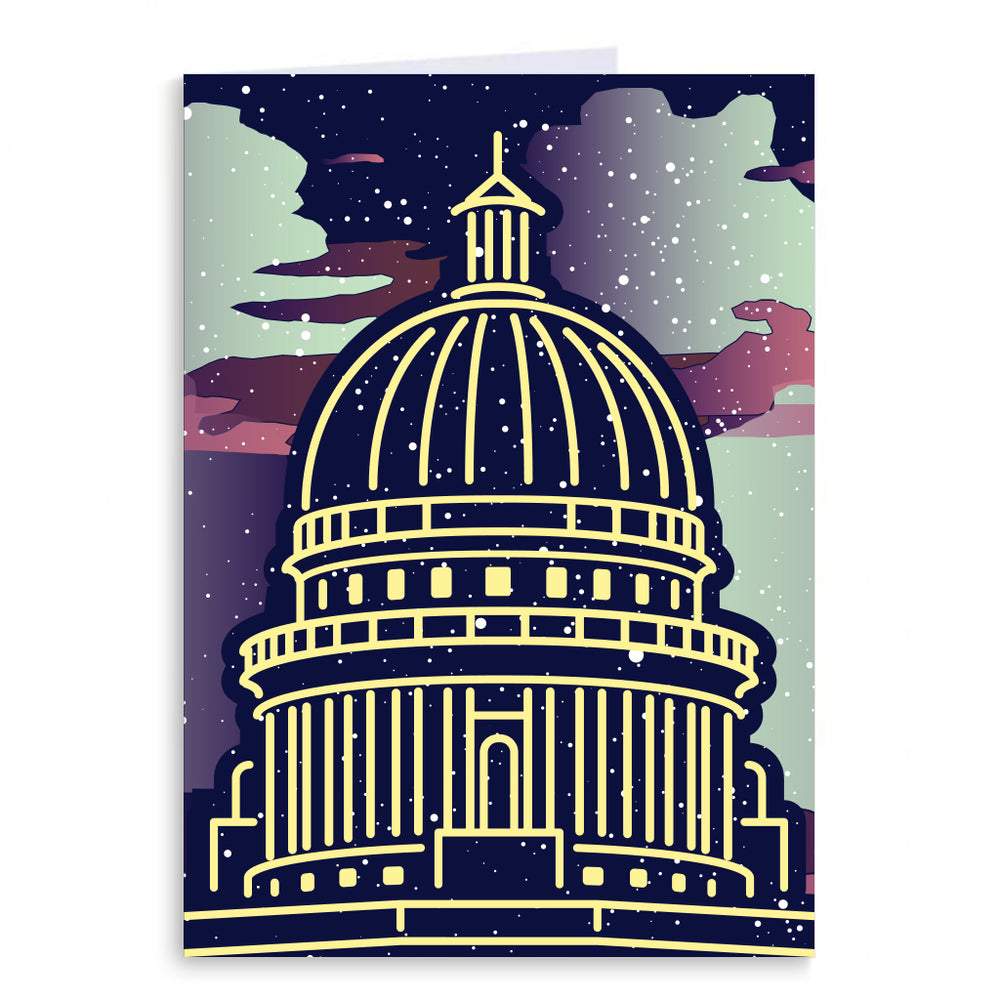 Holiday greeting card with an illustration of Wisconsin's Capitol building at nighttime as it snows.