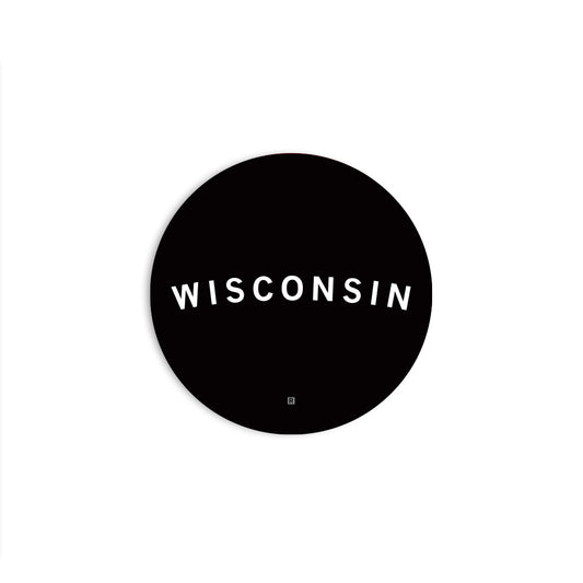 Black circular Wisconsin vinyl sticker featuring the word WISCONSIN in white capital letters.