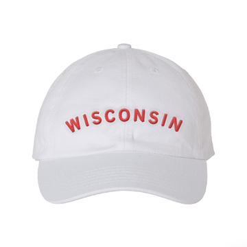 White RAYGUN baseball cap with the word WISCONSIN embroidered in red letters across the front.