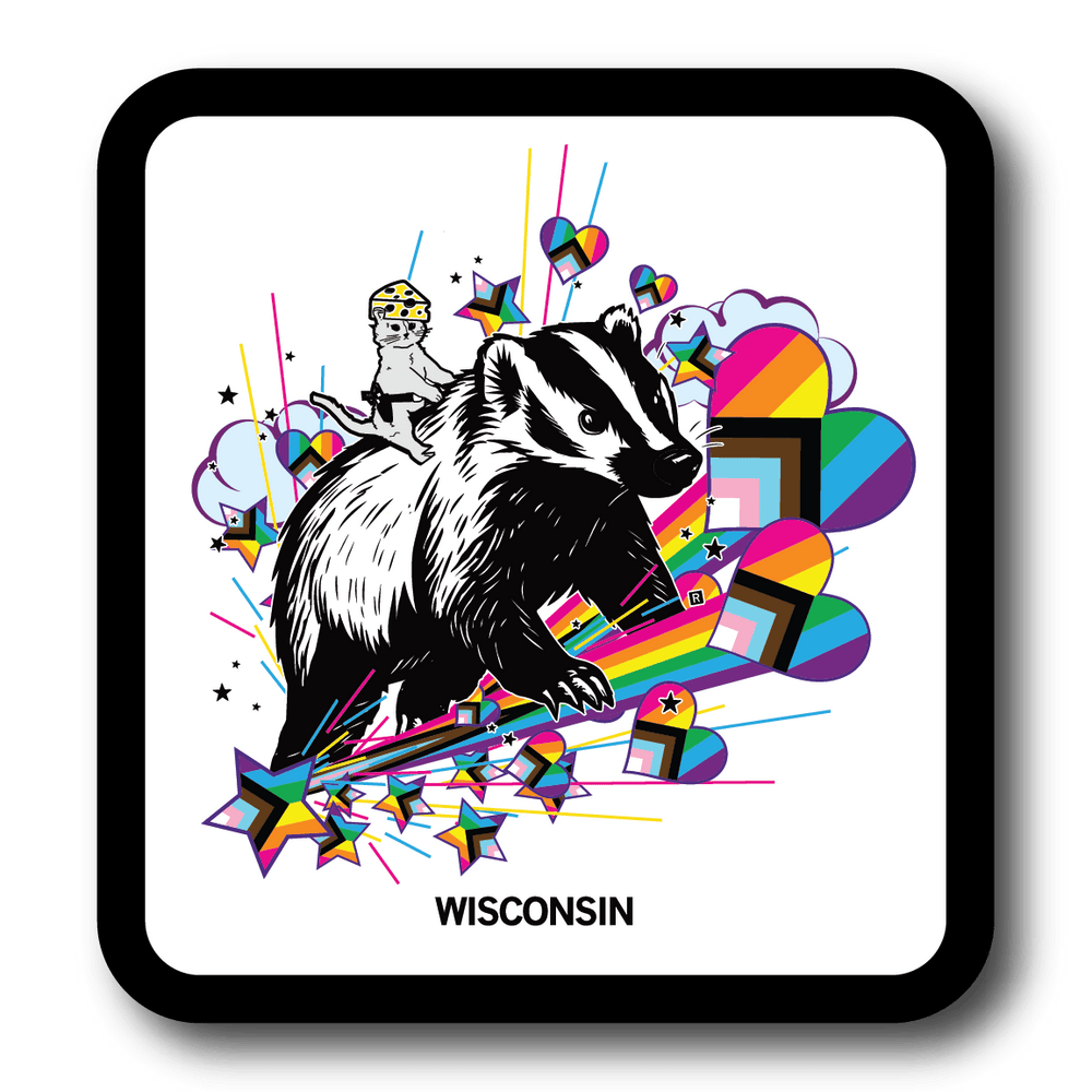 White square sticker with a black border and image of white cat wearing a cheese hat riding a black and white badger. Progress pride flags as heart and stars are emerging in different sizes all over them. Black text at the bottom says, "WISCONSIN"