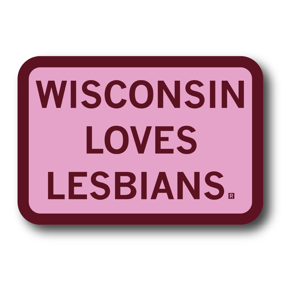 Rectangular pink sticker with a rounded, dark red border and dark red text that says, "Wisconsin loves lesbians."