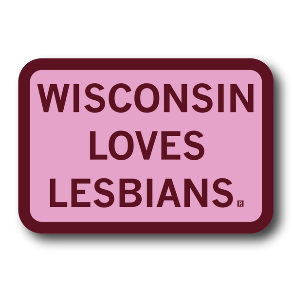 Rectangular pink sticker with a rounded, dark red border and dark red text that says, 