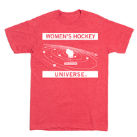 Heather red tee with white ink. Text at the top says, "women's hockey" and at the bottom reads "universe." In between is the state of Wisconsin in outer space like it's the sun, surrounded by hockey pucks.