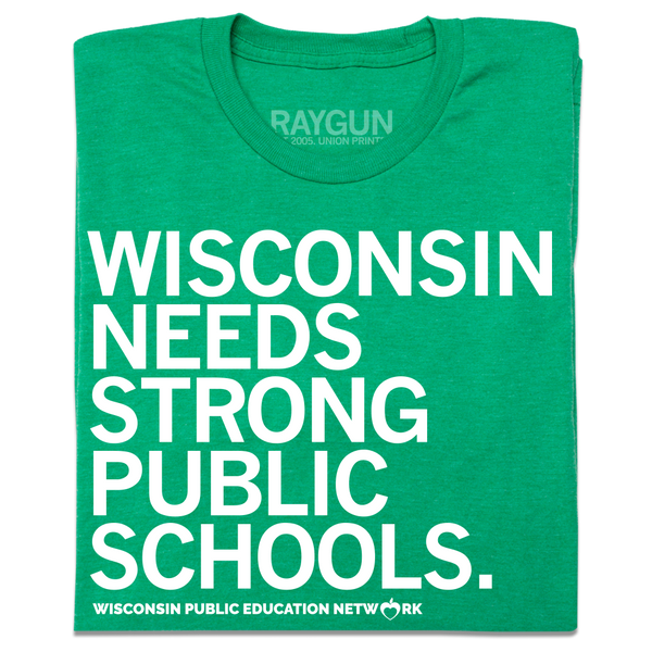 Folded heather green tee with white ink text that reads 