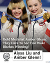 Two smiling figure skaters in white Team USA jackets and gold medals, with overlaid text reading: Gold Medalist Amber Glenn: They Hate To See Two Woke Bitches Winning! and Alysa Liu and Amber Glenn! next to a cat illustration.