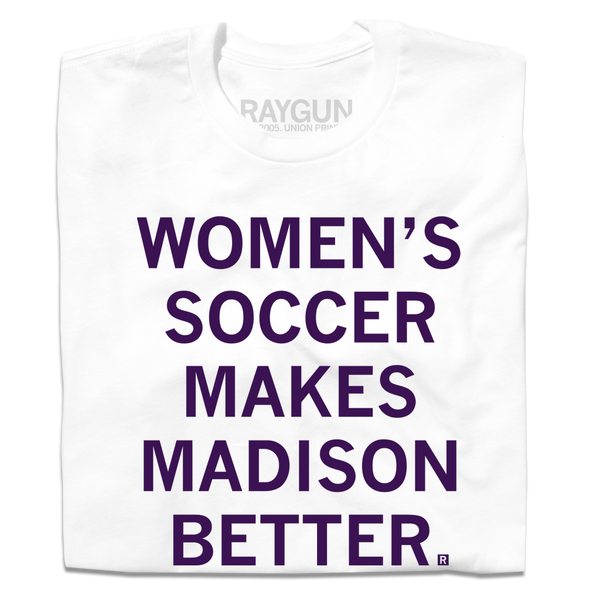 A folded white t-shirt with centered purple ink that says, 