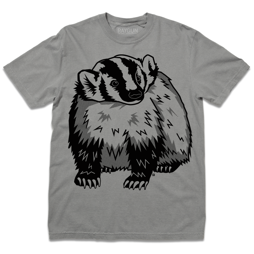 Heavyweight grey t-shirt featuring a black and white badger illustration.