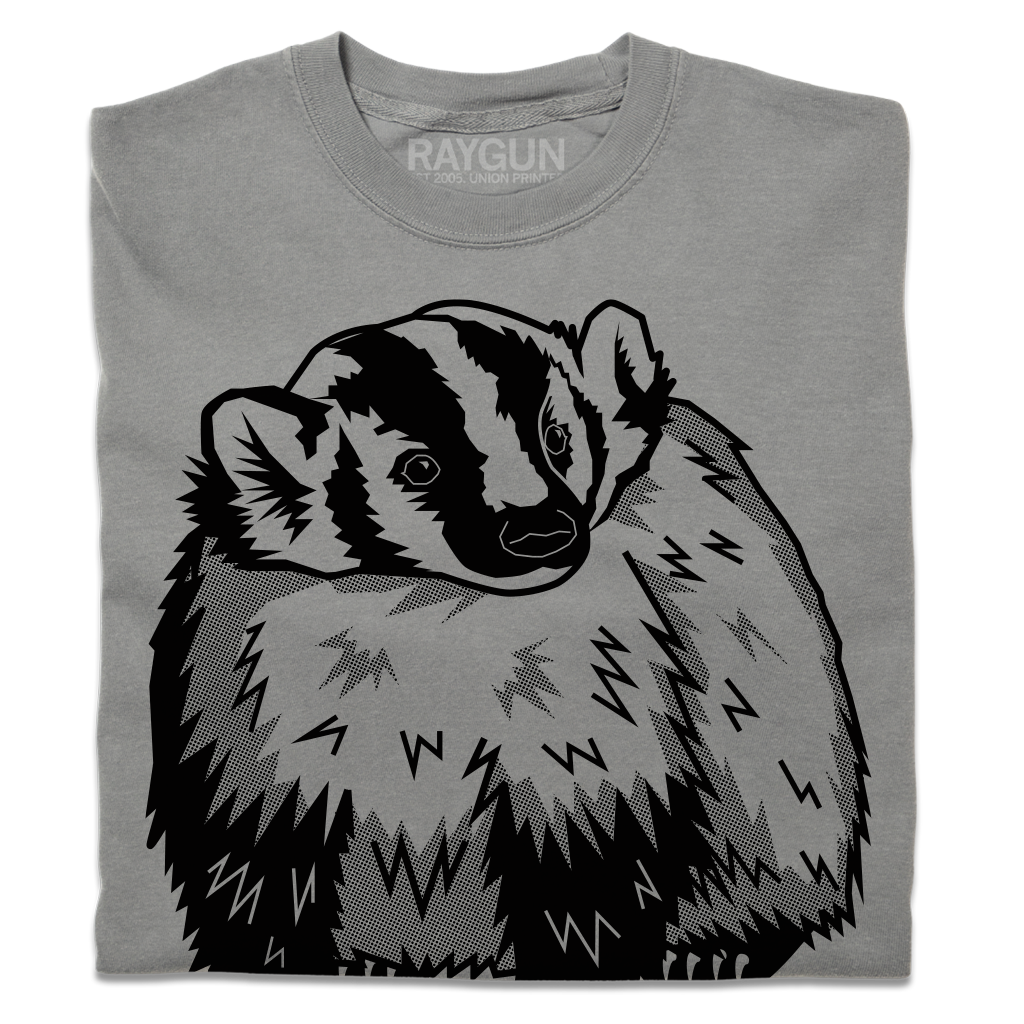 Heavyweight gray t-shirt featuring a black graphic illustration of a badger.