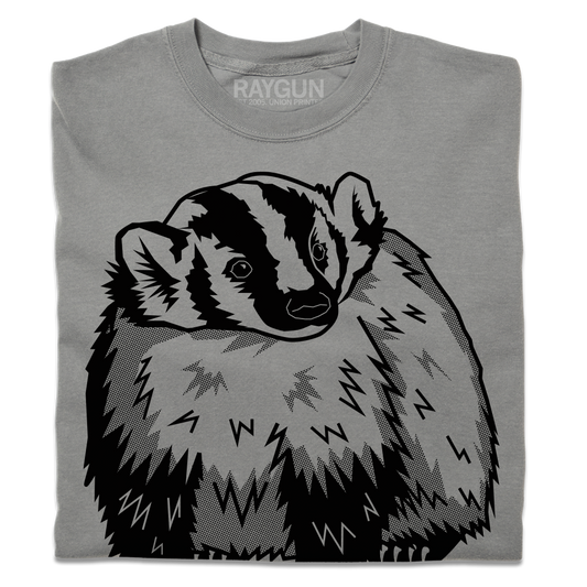 Heavyweight gray t-shirt featuring a black graphic illustration of a badger.