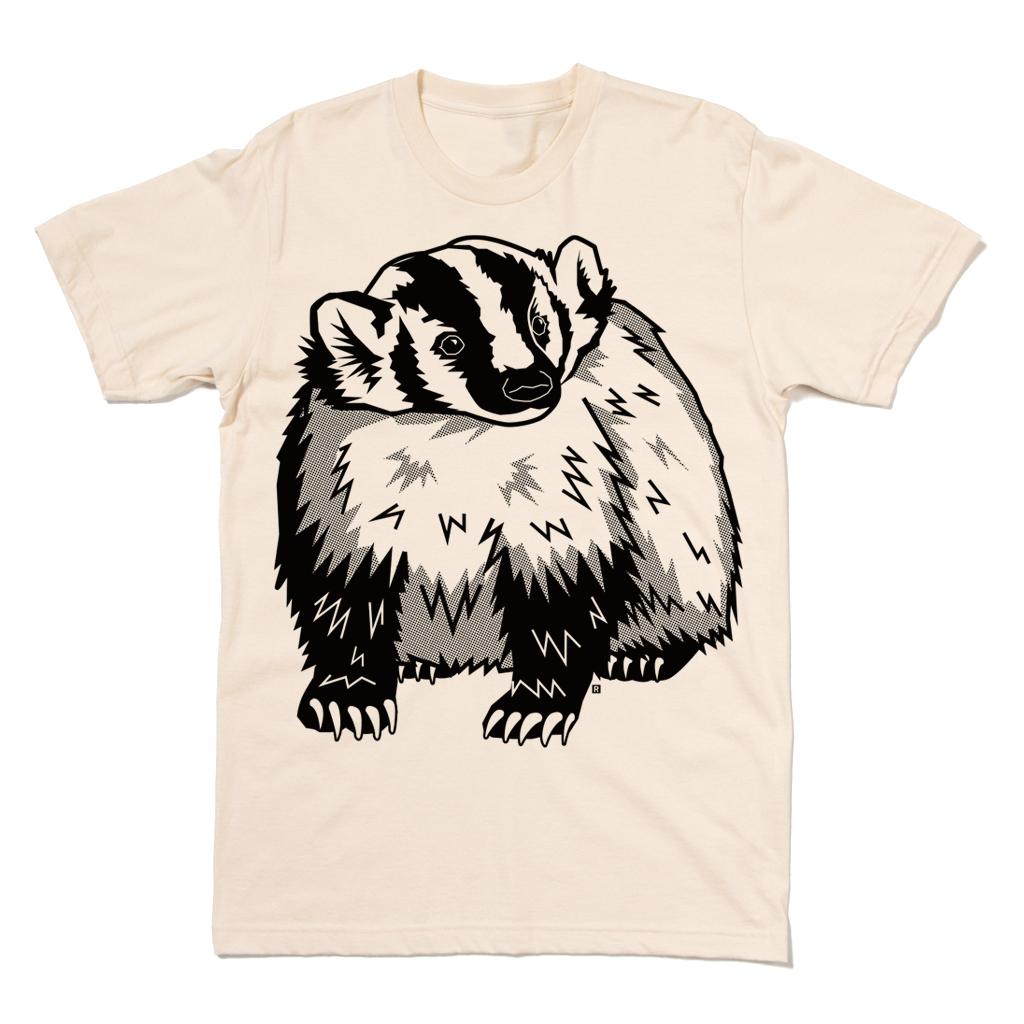 Cream-colored Union Labor t-shirt featuring a black and white graphic illustration of a badger.