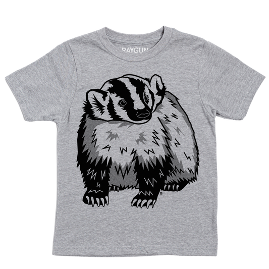Heather grey crewneck t-shirt featuring a black and white badger graphic.