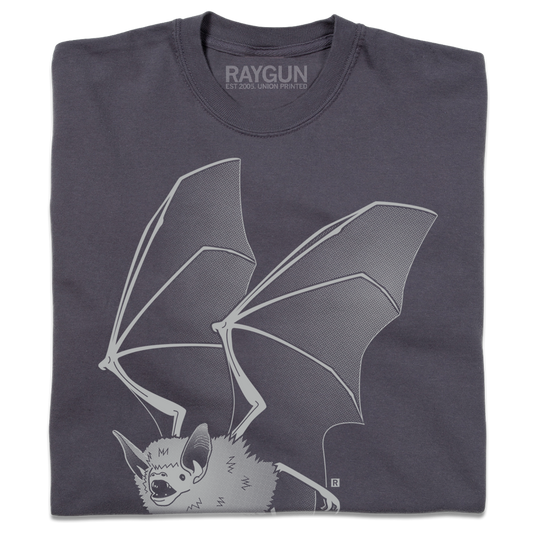 Charcoal gray, heavyweight graphite T-shirt featuring a light gray graphic of a bat with its wings spread.