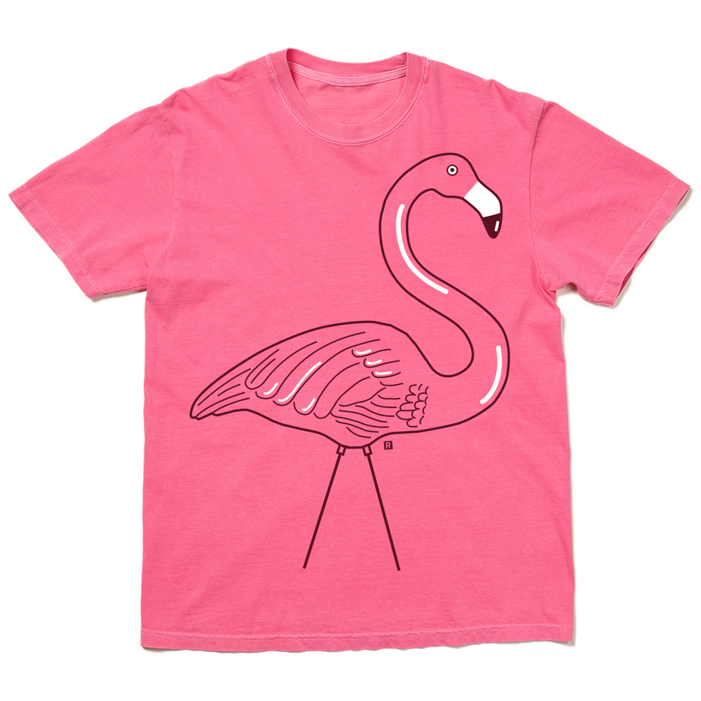 Crunchberry heavyweight t-shirt with an illustration of a lawn flamingo.