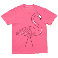 Crunchberry heavyweight t-shirt with an illustration of a lawn flamingo.