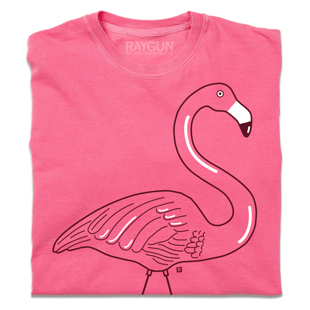 Pink heavyweight shirt with an illustration of a lawn flamingo.