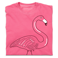 Pink heavyweight shirt with an illustration of a lawn flamingo.