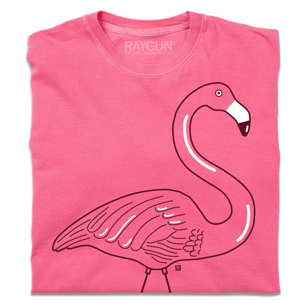 Pink heavyweight shirt with an illustration of a lawn flamingo.