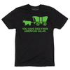 A short sleeve black t-shirt with green ink spoofing The Oregon Trail video game that says, "YOU HAVE DIED FROM AMERICAN SALAD."