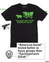 Black Oregon Trail t-shirt featuring a pixelated green icon of a covered wagon pulled by an ox, with the text YOU HAVE DIED FROM AMERICAN SALAD.