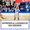 Creighton basketball player Ava Zediker, wearing a white uniform with number 24, takes a jump shot on the court.