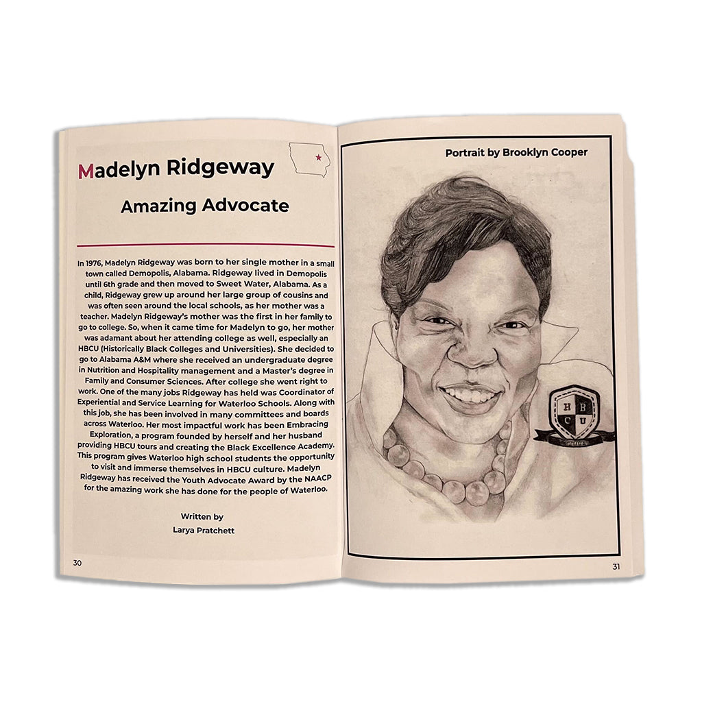 Open book page featuring a biography of Madelyn Ridgeway titled Amazing Advocate from the Waterloo Women series, next to a graphite portrait of her holding a small shield with the letters HBCU.