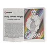 Open book page titled Queen: Ruby James Knight, Amazing Pride Icon, featuring a biography from an illustrated book about Waterloo Women, alongside an illustration of a drag queen against a rainbow background with the text Yas Queen!.