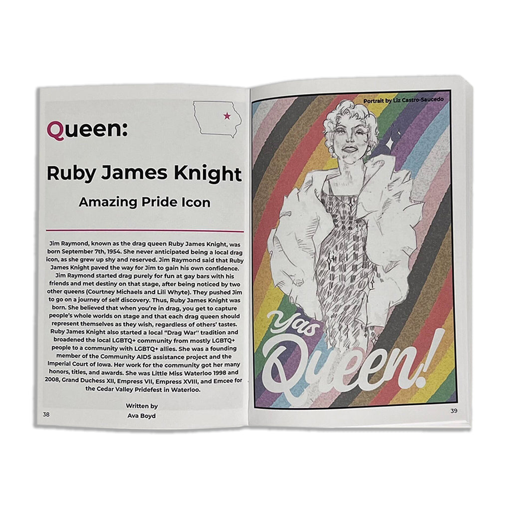 Open book page titled Queen: Ruby James Knight, Amazing Pride Icon, featuring a biography from an illustrated book about Waterloo Women, alongside an illustration of a drag queen against a rainbow background with the text Yas Queen!.