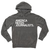 Dark gray pigment black pullover hoodie featuring the white text AMERICA NEEDS JOURNALISTS.