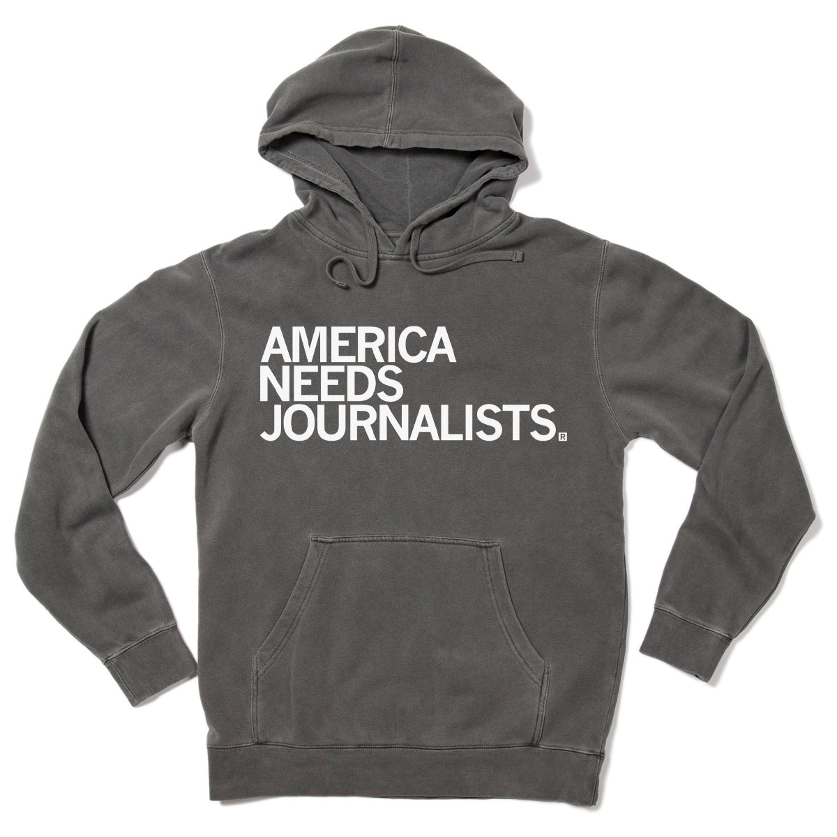Dark gray pigment black pullover hoodie featuring the white text AMERICA NEEDS JOURNALISTS.