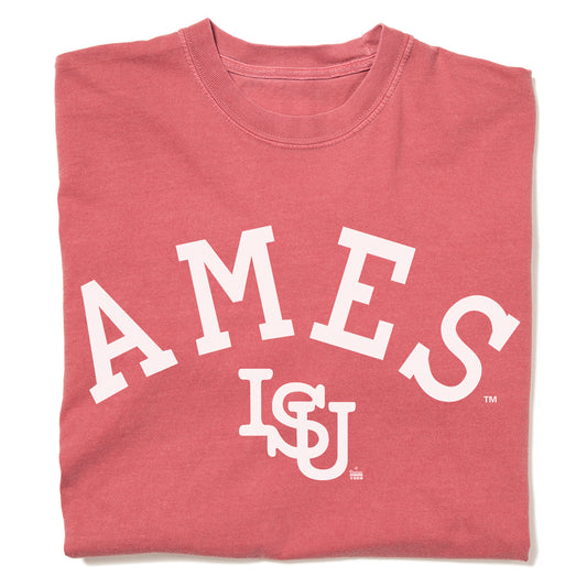 Heavyweight crimson t-shirt with AMES and the Iowa State University logo printed in white.