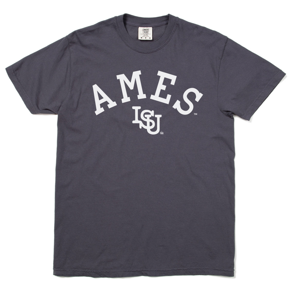 Charcoal grey heavyweight cotton short-sleeve t-shirt with white collegiate-style lettering reading AMES above an ISU logo.