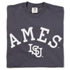 Dark gray heavyweight cotton crewneck t-shirt with AMES in large white lettering above an ISU logo.
