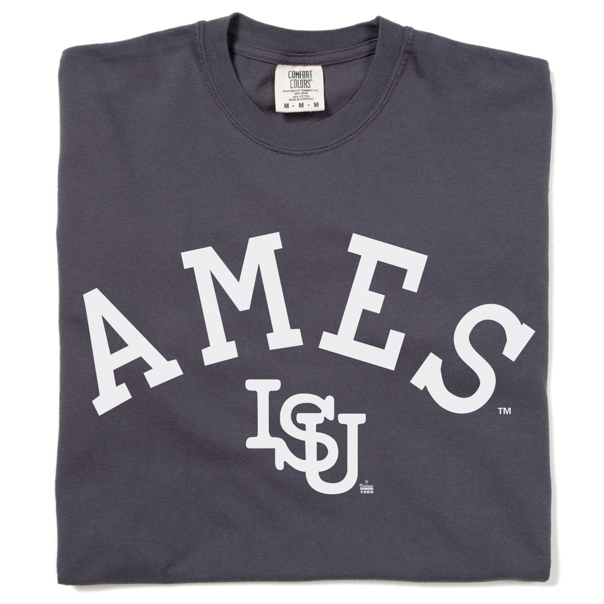 Dark gray heavyweight cotton crewneck t-shirt with AMES in large white lettering above an ISU logo.