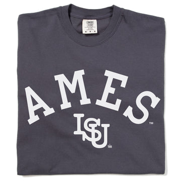 Dark gray heavyweight cotton crewneck t-shirt with AMES in large white lettering above an ISU logo.
