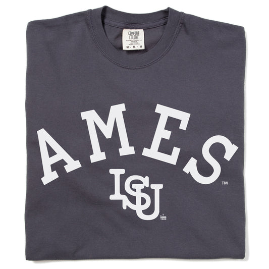 Dark gray heavyweight cotton crewneck t-shirt with AMES in large white lettering above an ISU logo.