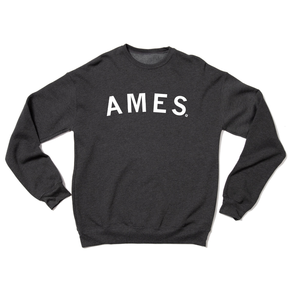 Charcoal gray RAYGUN crewneck sweatshirt with the word AMES printed in white across the chest.
