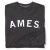 Folded dark gray RAYGUN crewneck sweatshirt with the word AMES printed in white on the chest.