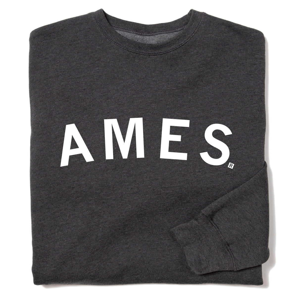 Folded dark gray RAYGUN crewneck sweatshirt with the word AMES printed in white on the chest.