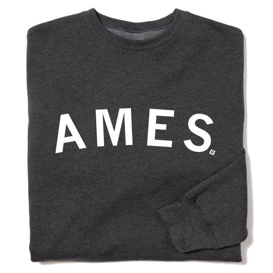Folded dark gray RAYGUN crewneck sweatshirt with the word AMES printed in white on the chest.