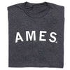 Charcoal gray union-made crewneck t-shirt with the word AMES printed in white capital letters.