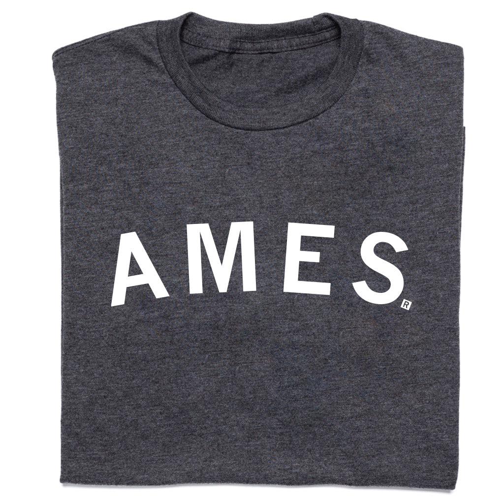 Charcoal gray union-made crewneck t-shirt with the word AMES printed in white capital letters.