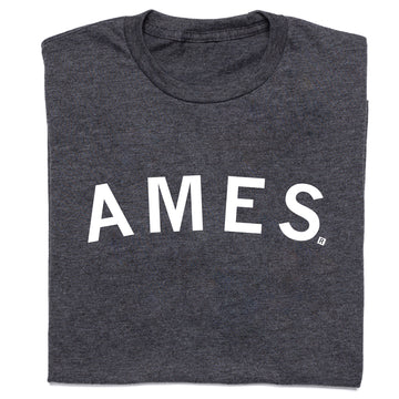 Charcoal gray union-made crewneck t-shirt with the word AMES printed in white capital letters.