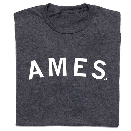 Charcoal gray union-made crewneck t-shirt with the word AMES printed in white capital letters.