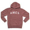 Dusty rose RAYGUN pullover hoodie with the word AMES printed in white on the chest.