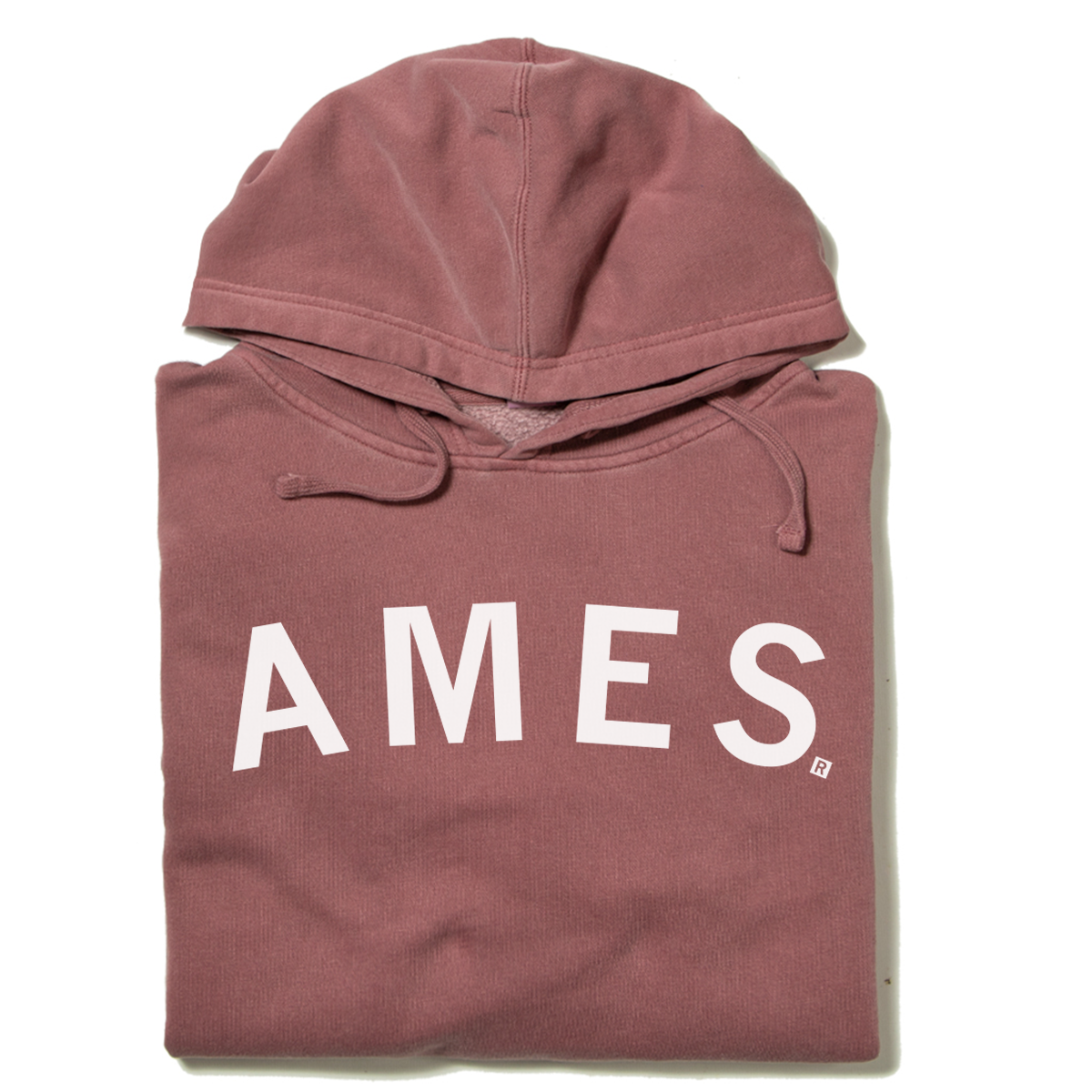 Dusty rose RAYGUN pullover hoodie with the word AMES printed in white across the chest.