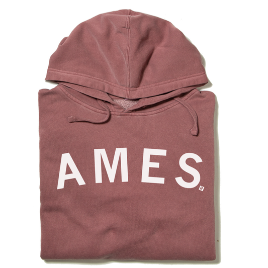 Dusty rose RAYGUN pullover hoodie with the word AMES printed in white across the chest.