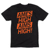 Black Ames High t-shirt with orange text reading AMES HIGH AIMS HIGH! inside slanted orange boxes.