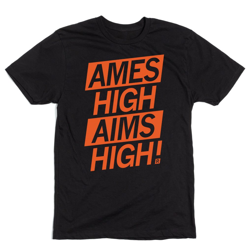 Black Ames High t-shirt with orange text reading AMES HIGH AIMS HIGH! inside slanted orange boxes.